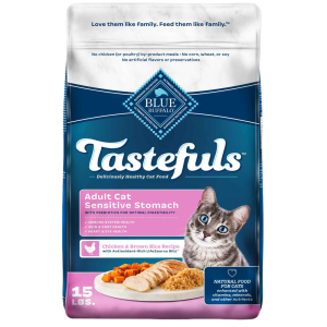 Blue Buffalo Tastefuls Adult Natural Sensitive Stomach Dry Cat Food, Chicken & Brown Rice Recipe, 15