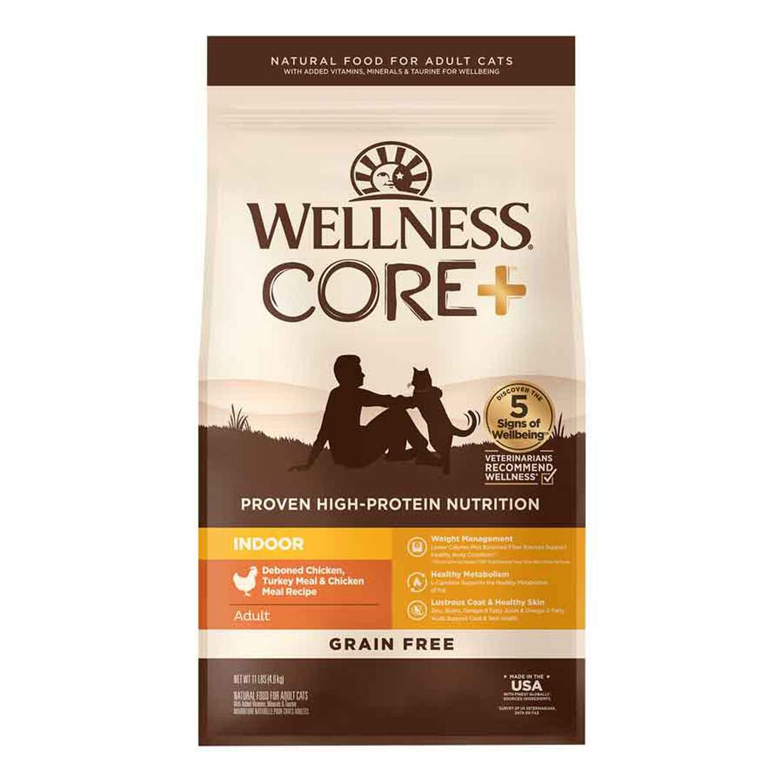 Wellness CORE+ Grain-Free Chicken, Turkey & Chicken Meal Indoor Formula Dry Cat Food, 11 Pound Bag