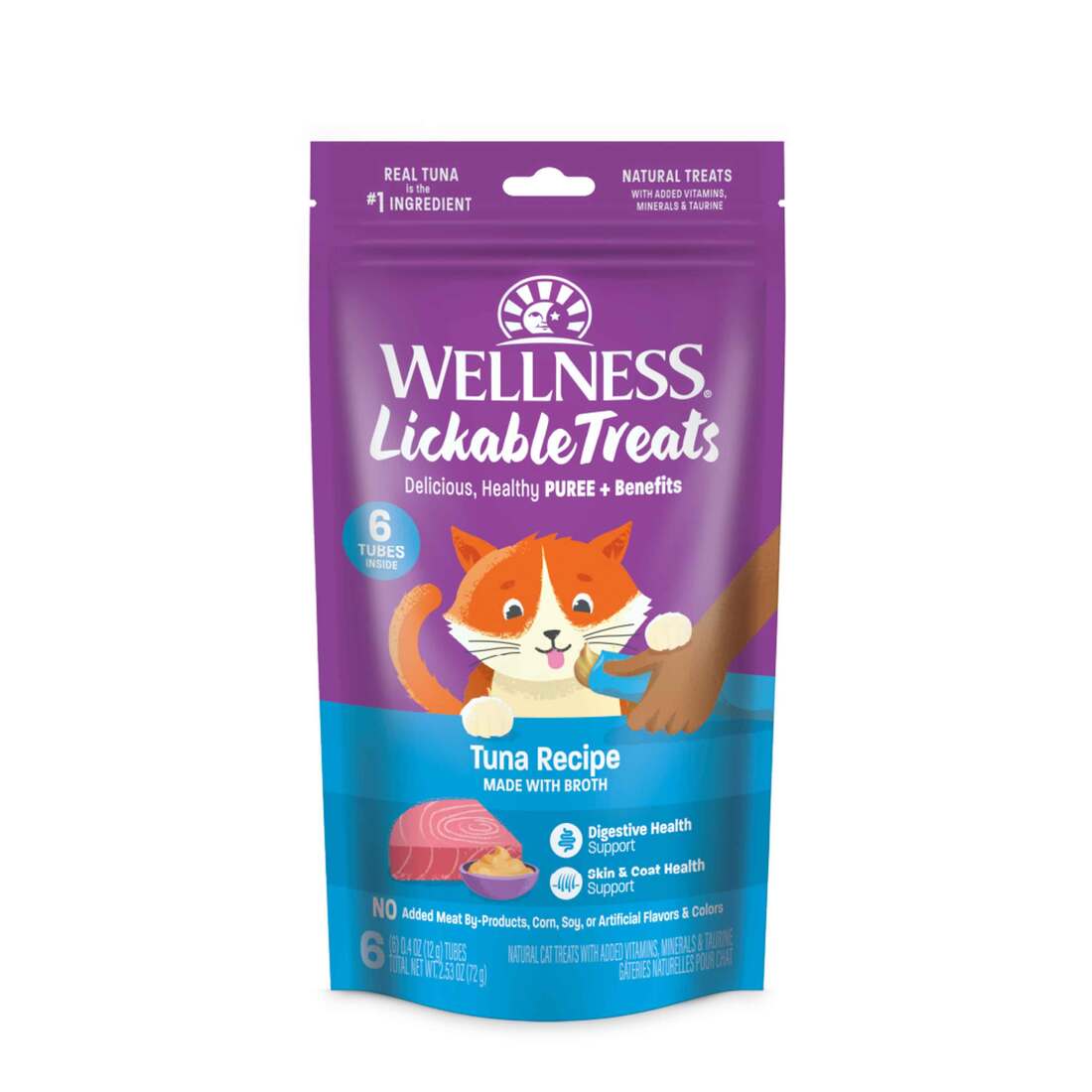Wellness Lickable Treats Soft Puree Natural Grain Free Cat Treats, Tuna, Contains 0.4 Ounce Tubes