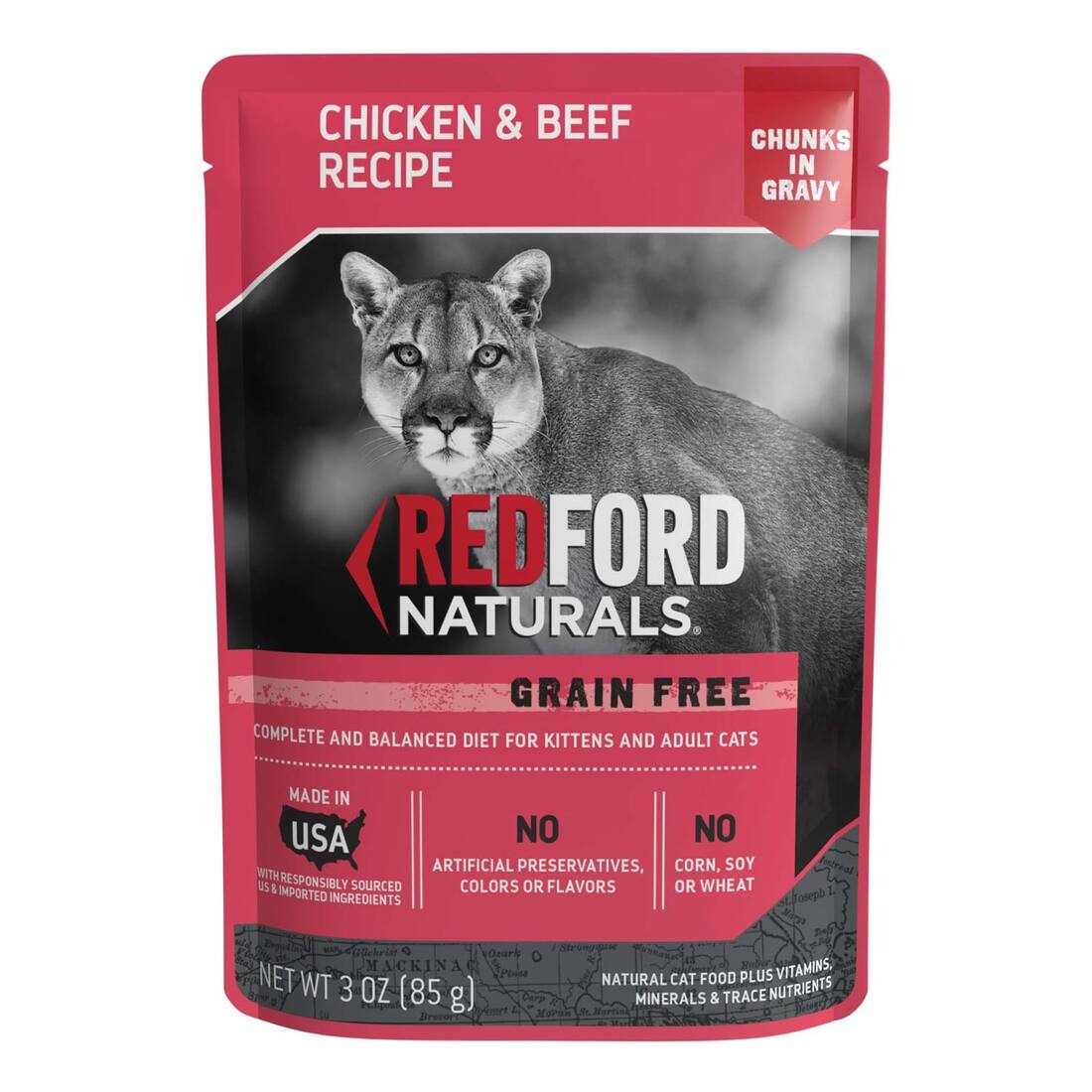 Redford Naturals Natural Wet Cat Food, Grain Free Chicken & Beef Chunks in Gravy, 3 Ounces