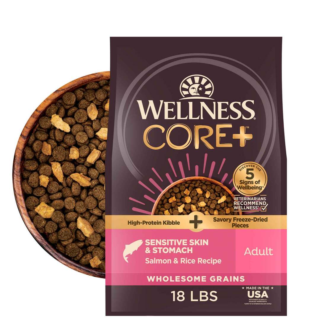 Wellness CORE+ Sensitive Skin & Stomach Wholesome Grains Natural Dry Dog Food, Salmon & Rice Recipe - Image 2