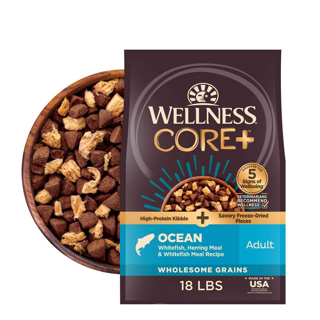 Wellness CORE+ Natural Dry Dog Food with Freeze Dried Pieces, Ocean Whitefish, Herring Meal & Whitef