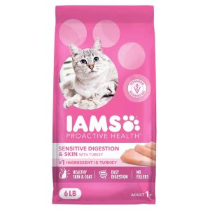 IAMS PROACTIVE HEALTH Adult Sensitive Digestion and Skin, Dry Cat Food with Turkey, 6 Pounds
