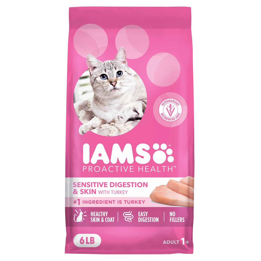 IAMS PROACTIVE HEALTH Adult Sensitive Digestion and Skin, Dry Cat Food with Turkey, 6 Pounds