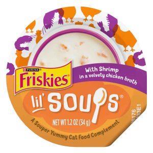 Purina Friskies Lil' Soups Grain Free Lickable Cat Food Toppers With Shrimp in a Velvety Chicken Bro