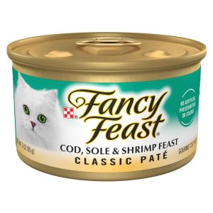 Purina Fancy Feast Wet Cat Food, Grain Free Classic Pate Cod, Sole & Shrimp Feast, 3 Ounces