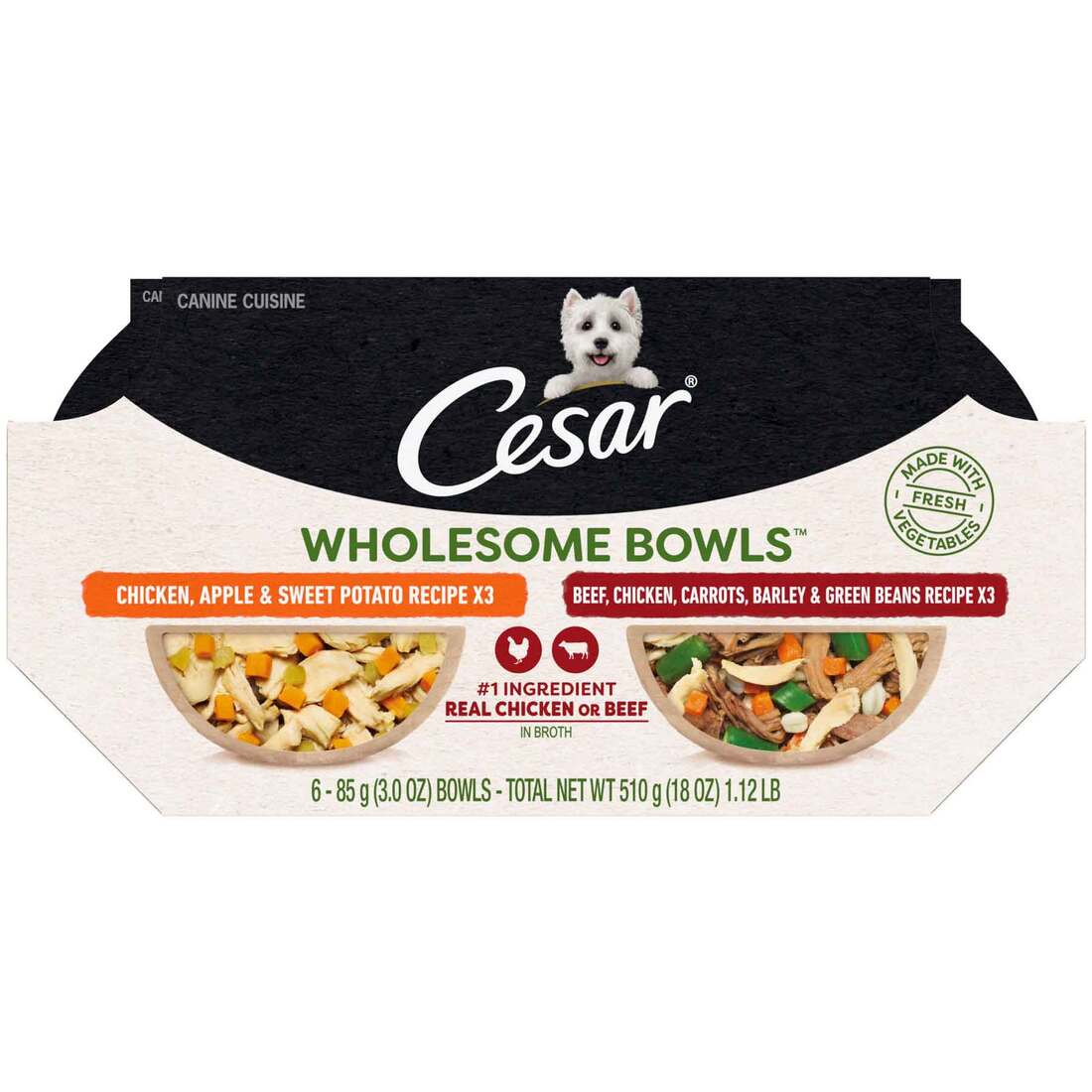 CESAR WHOLESOME BOWLS Adult Soft Wet Dog Food Variety Pack, Beef, Chicken, Carrots, Barley & Green B