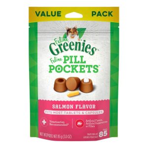 FELINE GREENIES PILL POCKETS for Cats Natural Soft Cat Treats, Salmon Flavor, 3 Ounce Pack (85 Treat