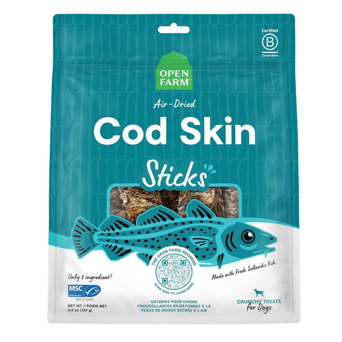 Open Farm Air Dried Crunchy Sticks Dog Treat, Cod Skins, 4.9 Ounces