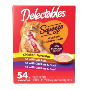 Hartz Delectables Squeeze Ups Lickable Cat Treats Variety Pack, Non Seafood Chicken, Duck & Beef, 54
