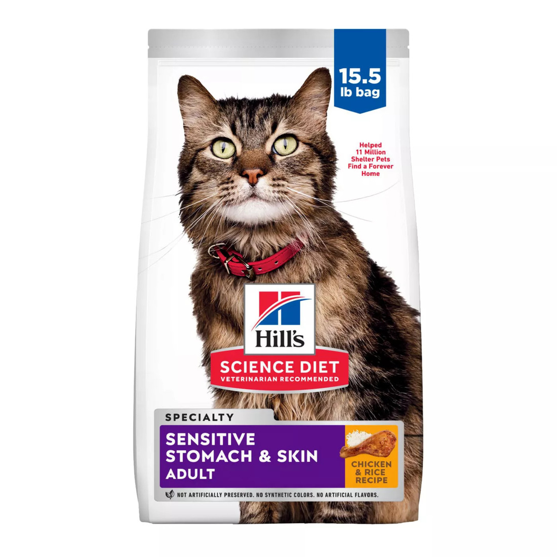 Hill's Science Diet Adult Sensitive Stomach & Skin Chicken & Rice Recipe Dry Cat Food, 15.5 Pound Ba