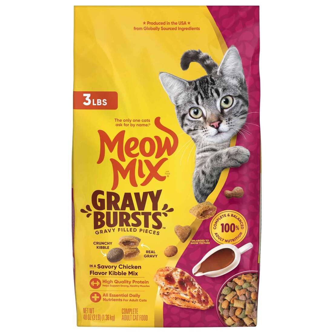 Meow Mix Gravy Bursts Dry Cat Food, Savory Chicken Flavors, 3 Pound Bag