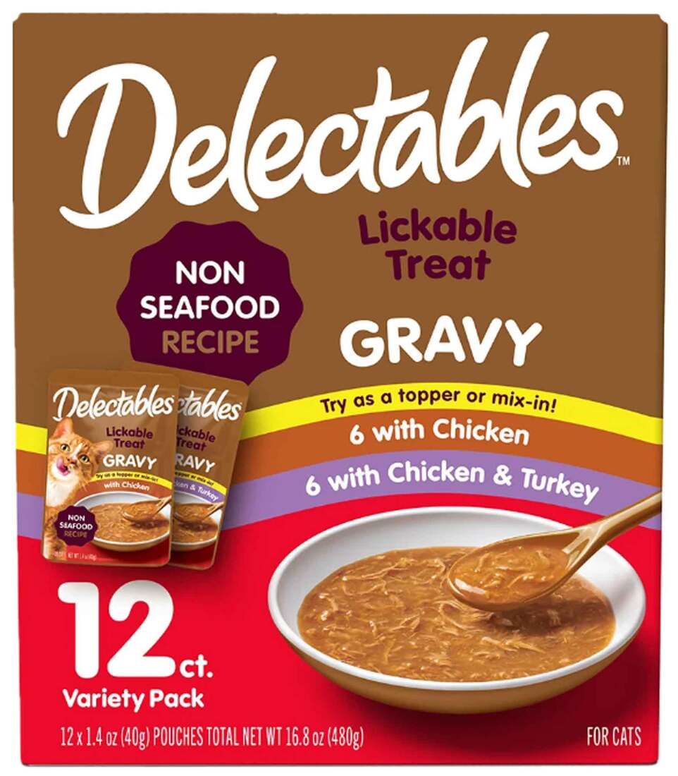 Hartz Delectables Gravy Lickable Cat Treats Variety Pack, Non Seafood, 1.4 Ounce Pouches, 12 Count