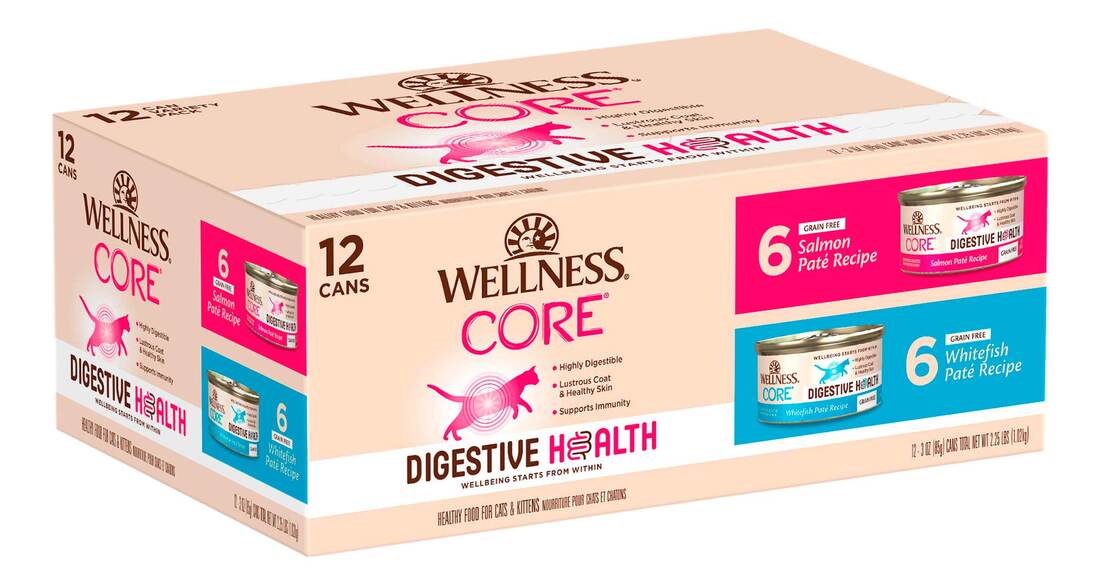 Wellness CORE Natural Wet Cat Food, Digestive Health Salmon & Whitefish Pate Variety Pack (12), 3 Ou