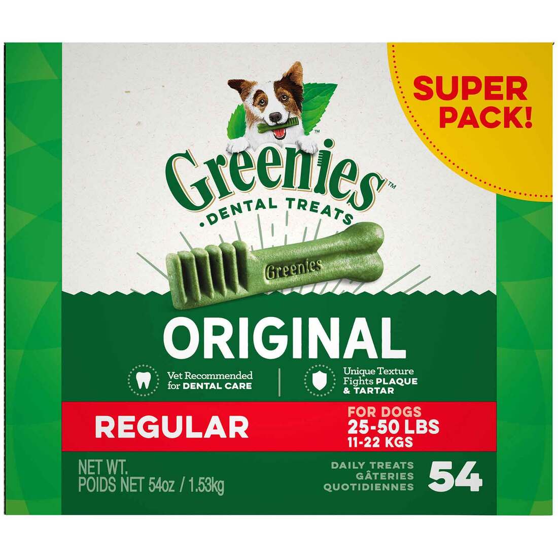 GREENIES Original Regular Natural Dental Care Dog Treats, 54 Ounce Pack (54 Treats)