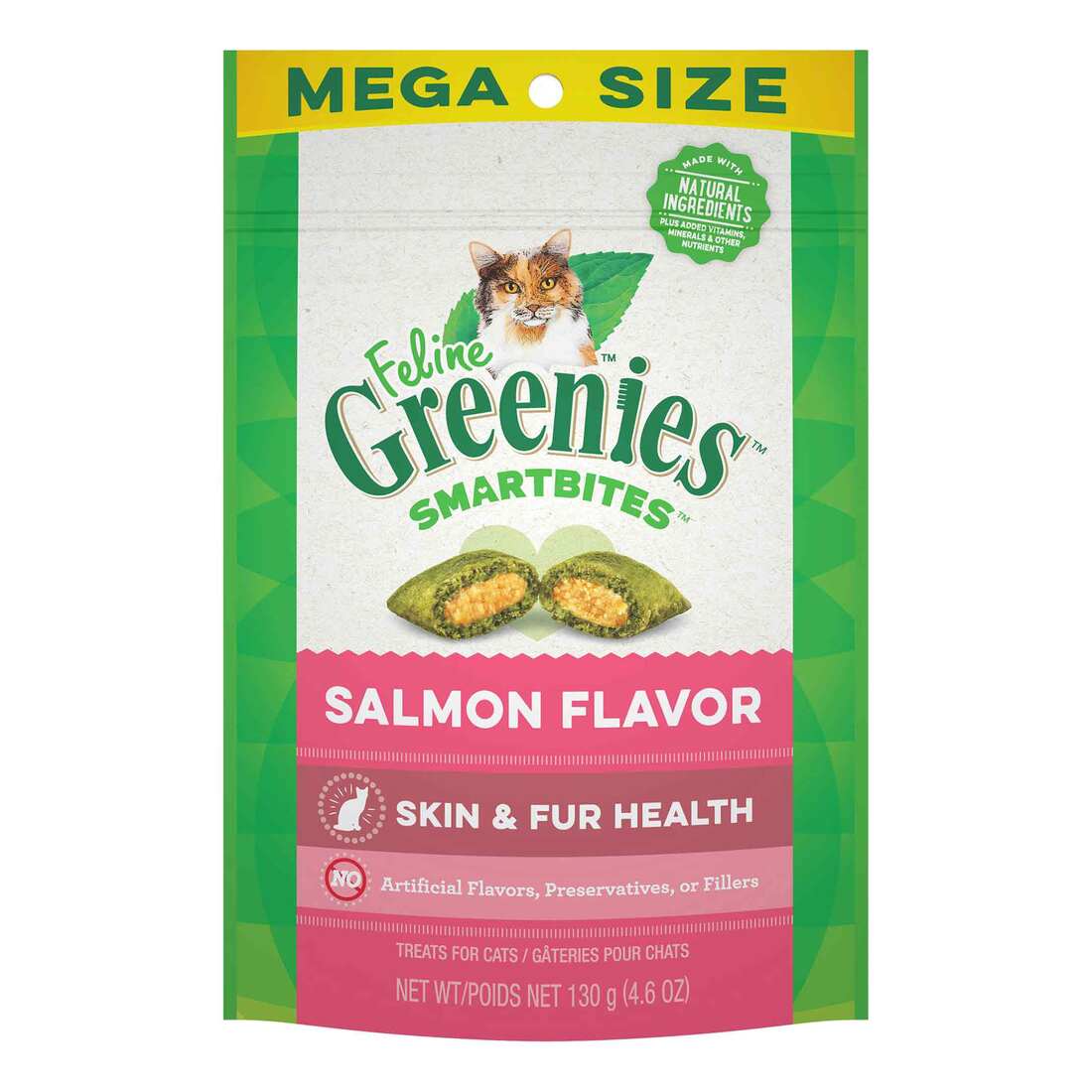 FELINE GREENIES SMARTBITES Skin & Fur Crunchy and Soft Natural Cat Treats, Salmon Flavor, 4.6 Ounce