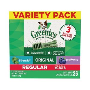 GREENIES Regular Natural Dental Care Dog Treats, 36 Ounce Variety Pack, 3 Packs of 12 Ounce Treats